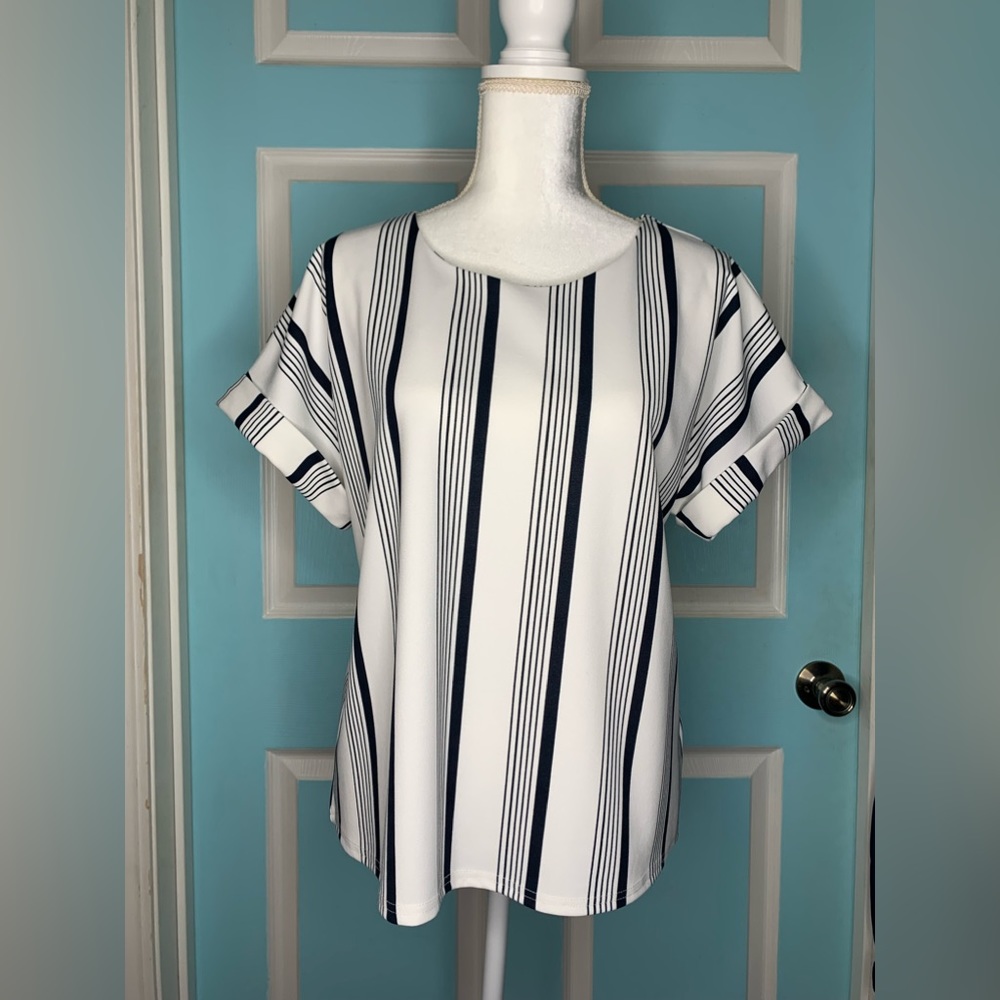 Melloday Blue & White Stripped Short Sleeve Blouse Size-M